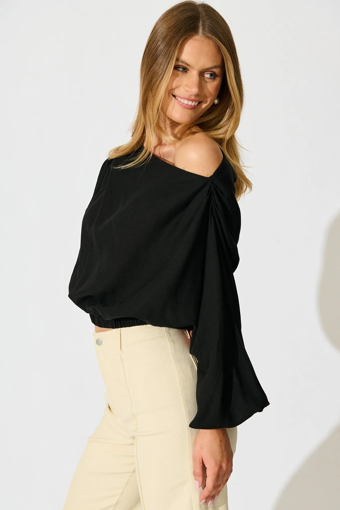 Zita Off Shoulder Top in Black Cotton Linen sold by St Frock product image thumbnail 2