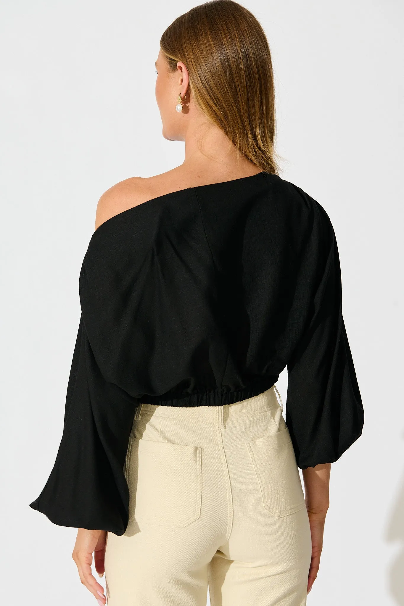 Zita Off Shoulder Top in Black Cotton Linen sold by St Frock product image thumbnail 3
