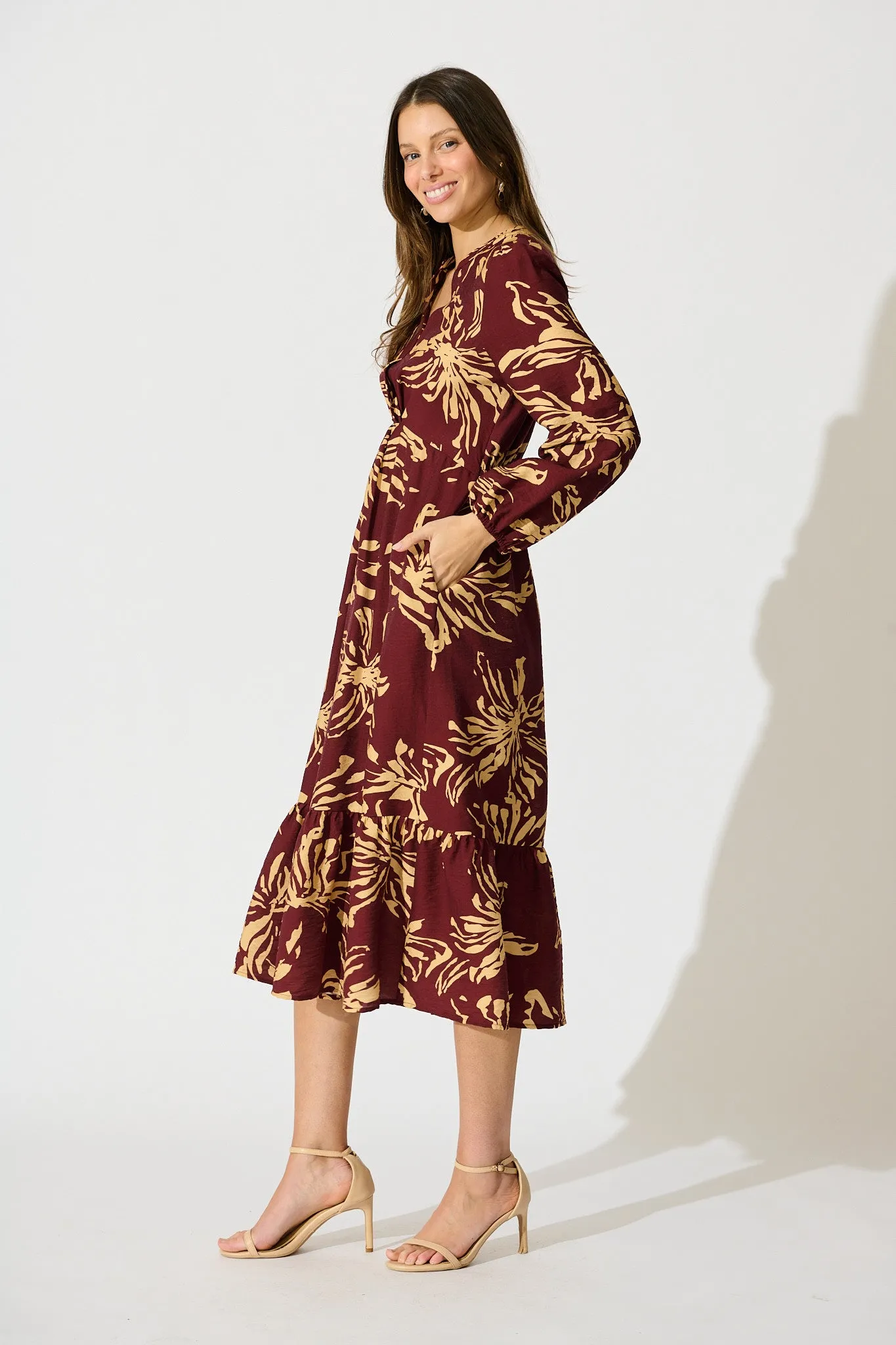 Flora Script Maxi Dress in Wine with Cream Print sold by St Frock product image thumbnail 3