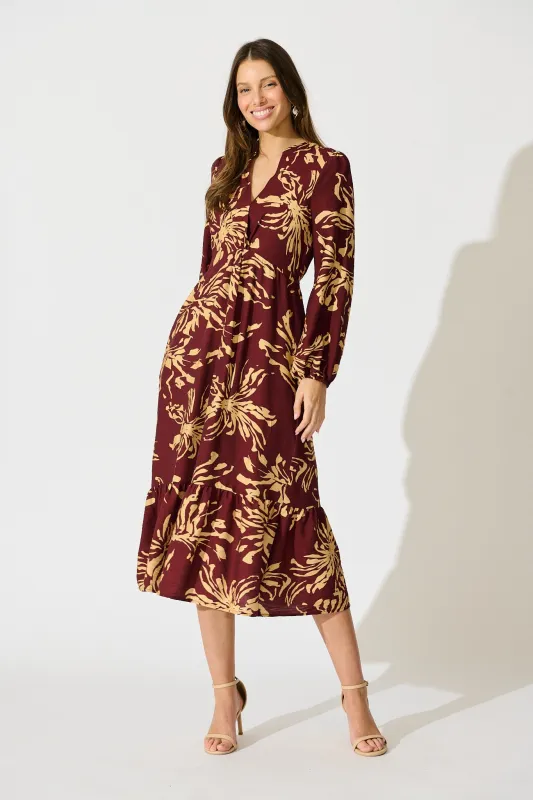 Flora Script Maxi Dress in Wine with Cream Print sold by St Frock