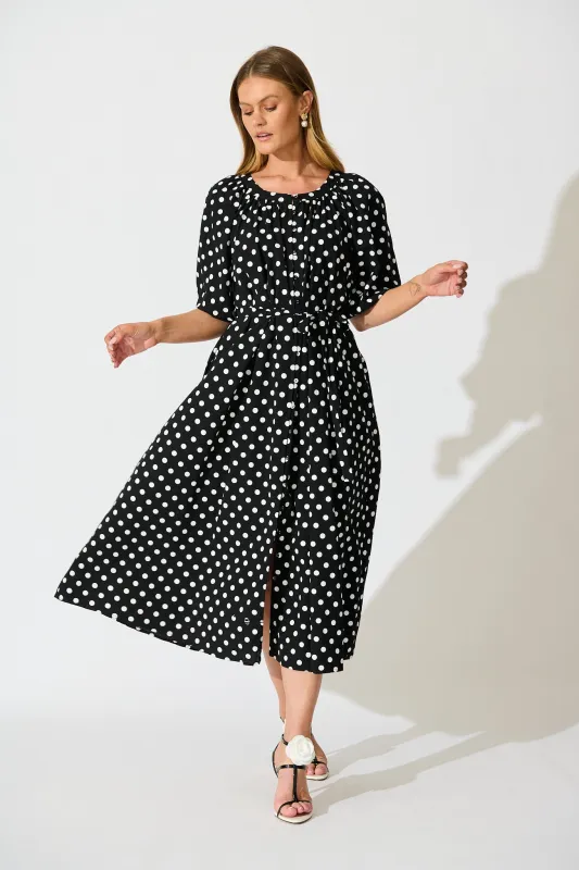 Parisian Dot Midi Dress in Black with White Polka Dot sold by St Frock