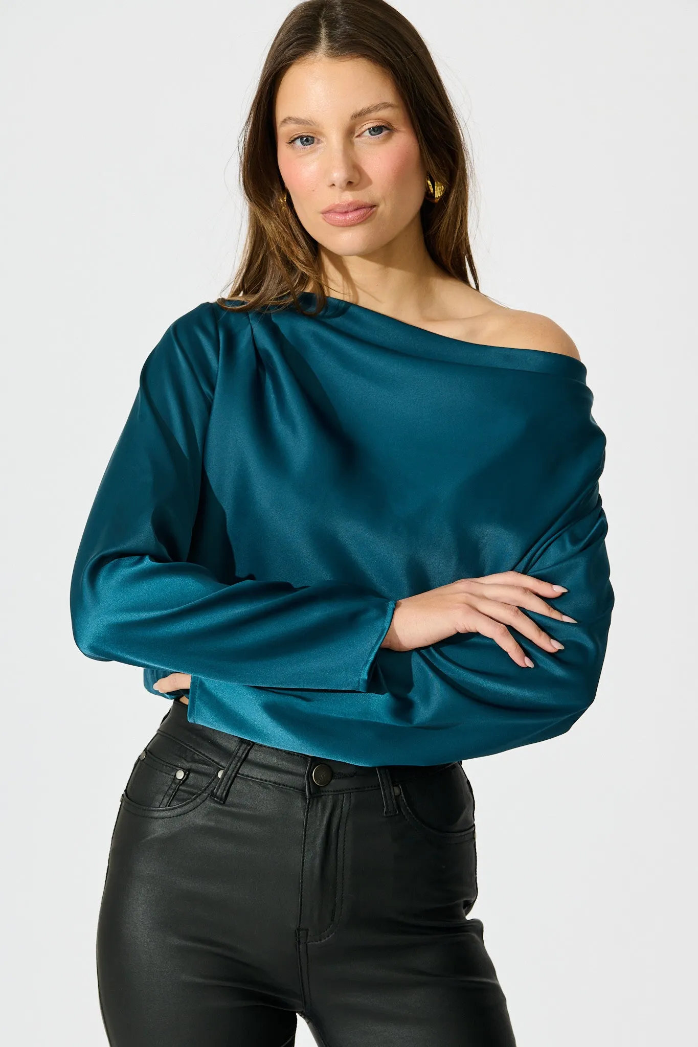 Nova Nights Top in Teal Satin sold by St Frock