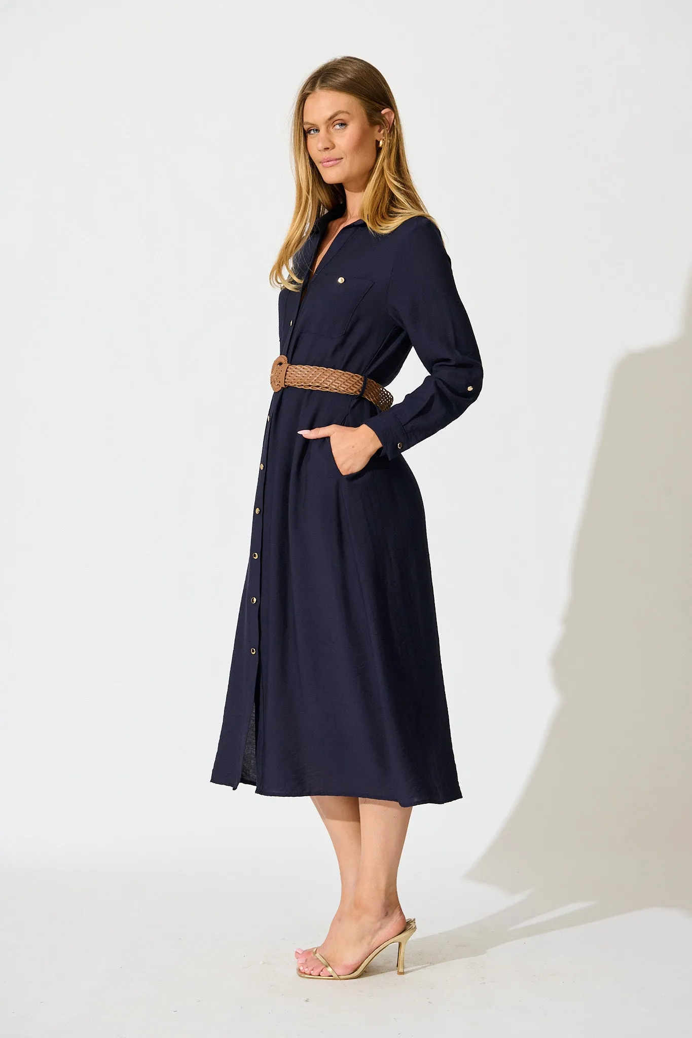 Caravelle Midi Shirt Dress in Navy with Belt sold by St Frock product image thumbnail 3