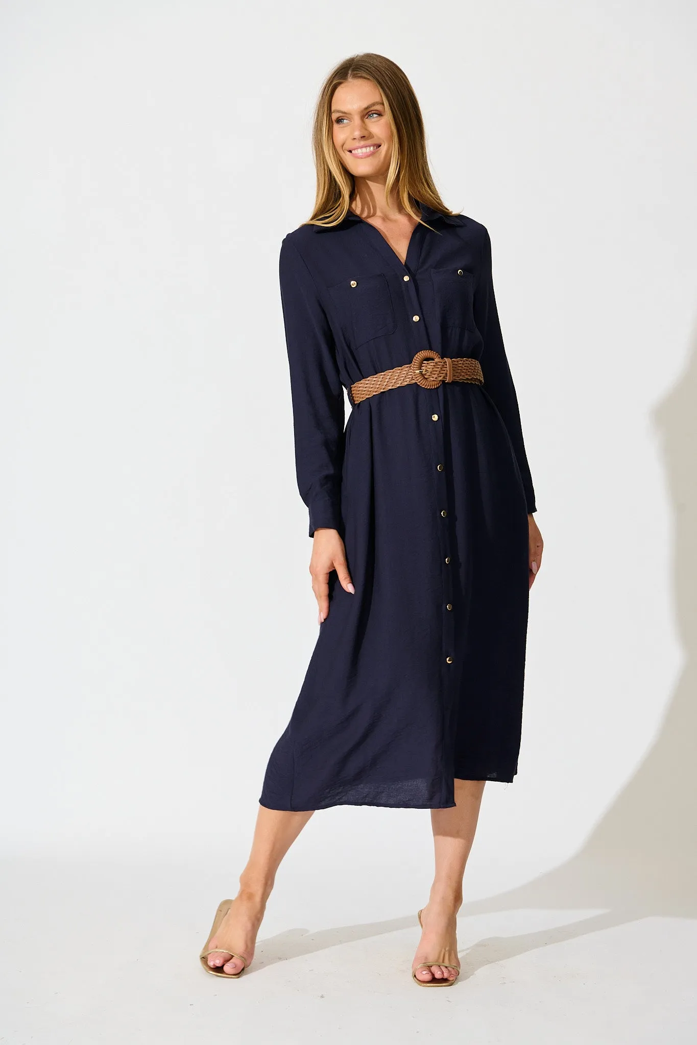 Caravelle Midi Shirt Dress in Navy with Belt sold by St Frock