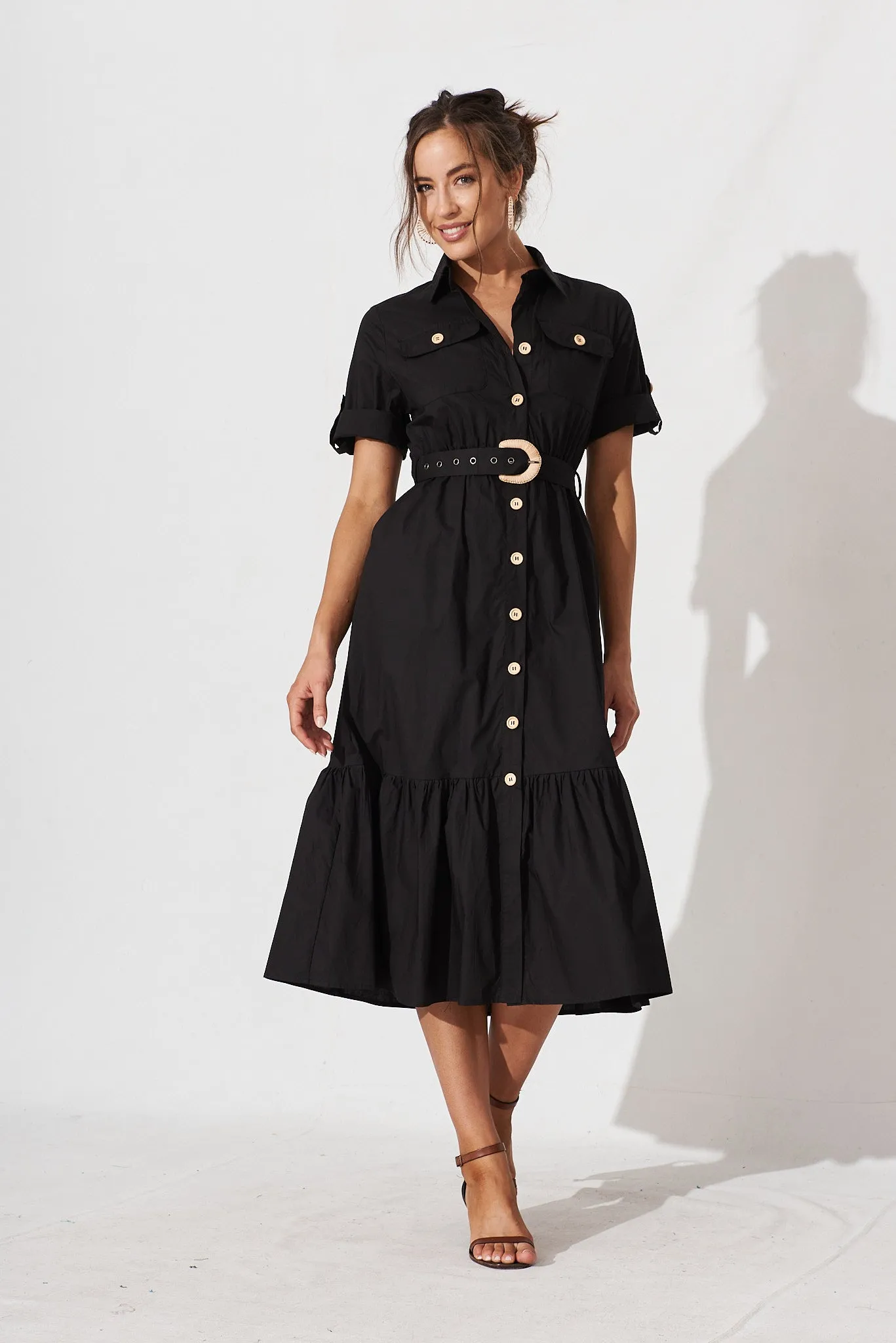 Cornella Midi Shirt Dress In Black Cotton sold by St Frock