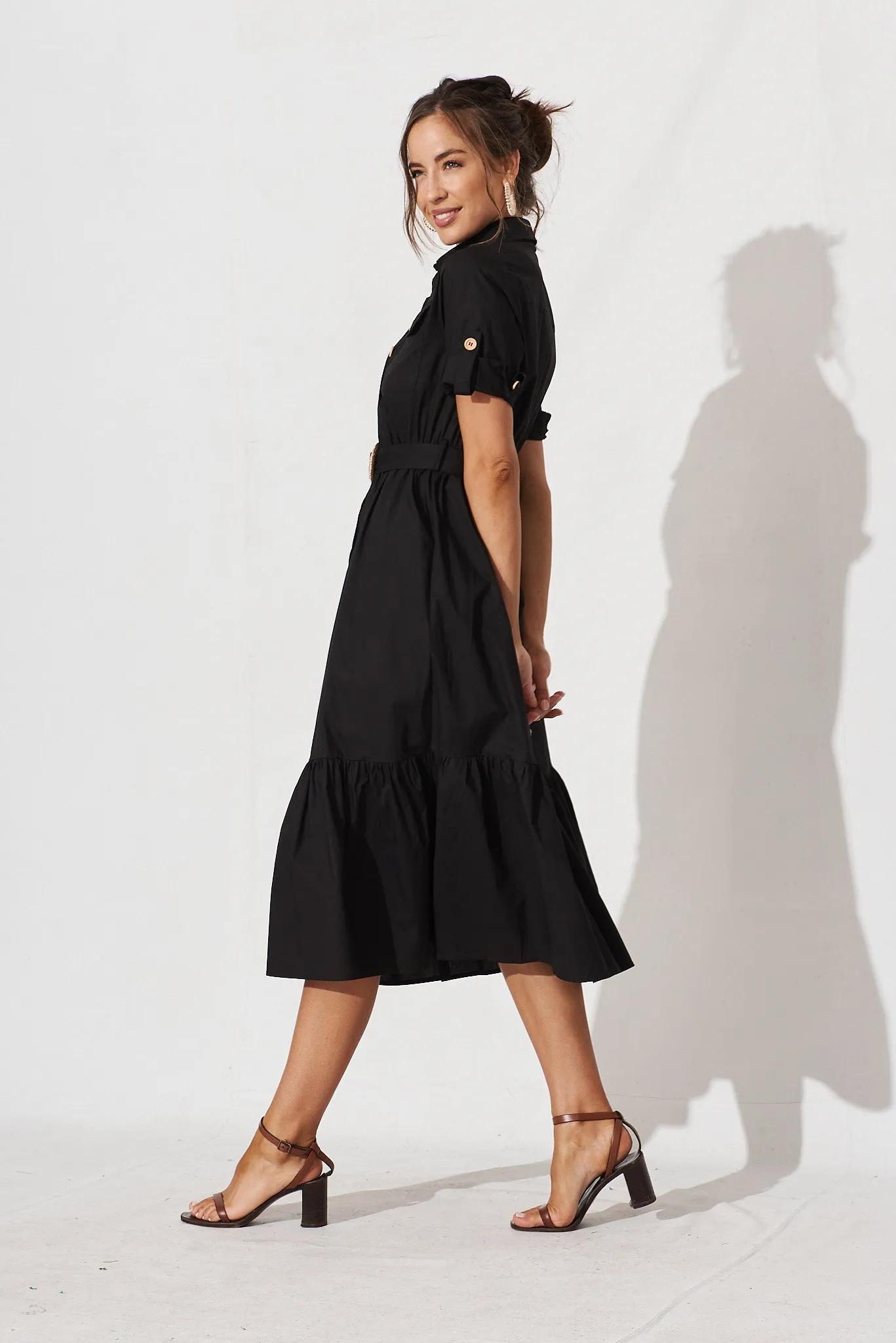 Cornella Midi Shirt Dress In Black Cotton sold by St Frock product image thumbnail 3