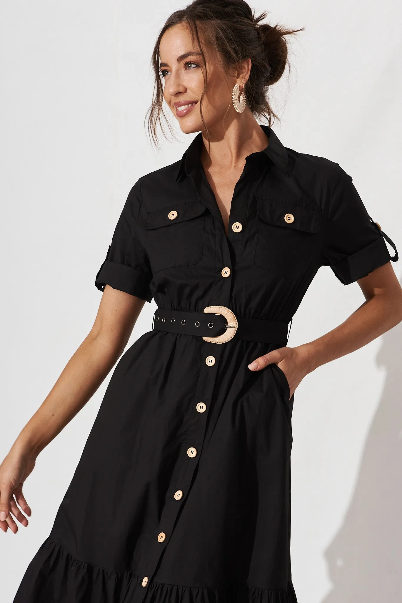 Cornella Midi Shirt Dress In Black Cotton sold by St Frock product image thumbnail 2