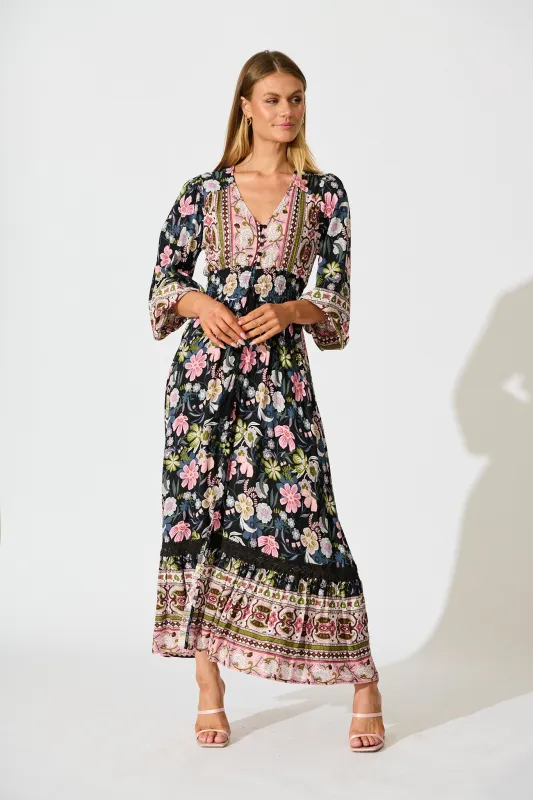 Mayda Maxi Dress in Black with Pink Boho Floral sold by St Frock