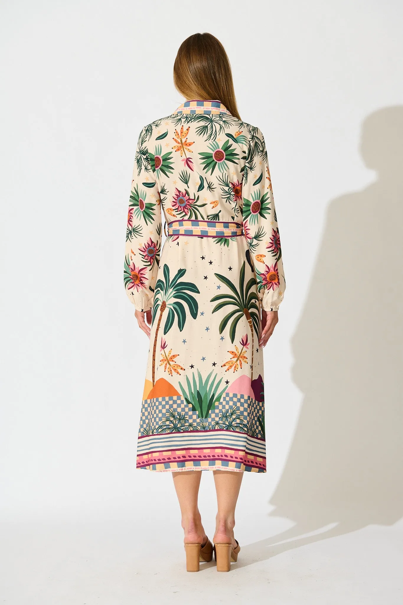 Palm Parade Midi Shirt Dress in Cream Multi Print sold by St Frock product image thumbnail 4