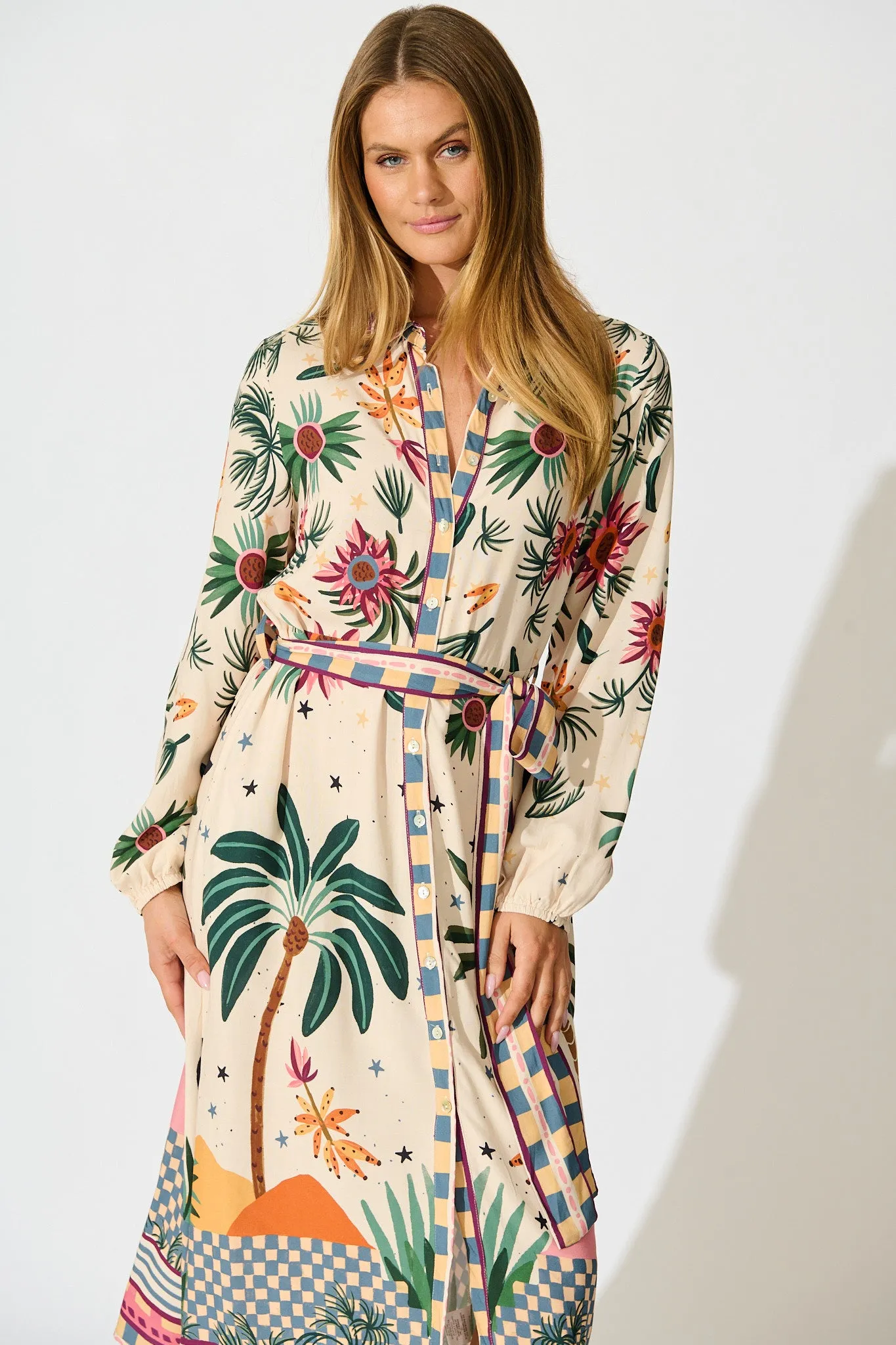 Palm Parade Midi Shirt Dress in Cream Multi Print sold by St Frock product image thumbnail 2