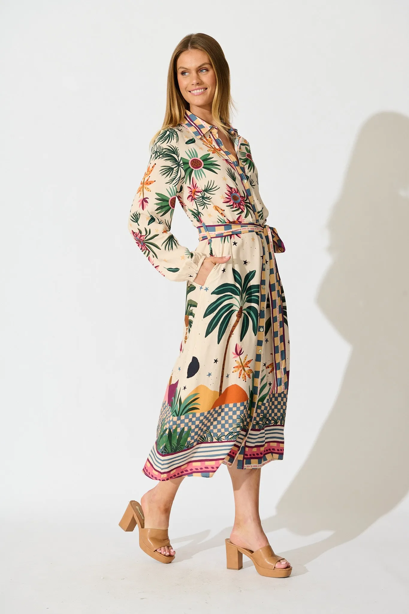 Palm Parade Midi Shirt Dress in Cream Multi Print sold by St Frock product image thumbnail 3