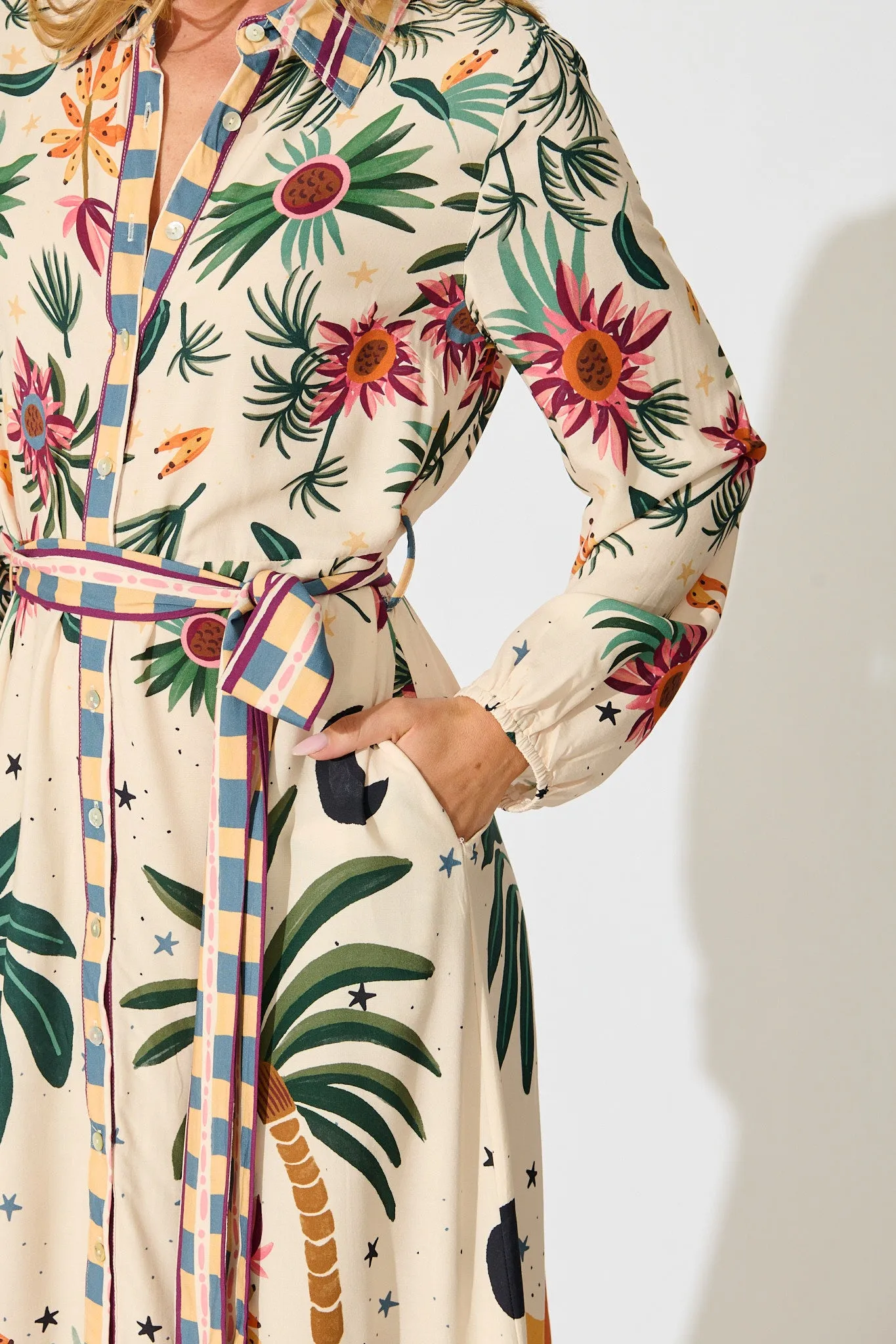 Palm Parade Midi Shirt Dress in Cream Multi Print sold by St Frock product image thumbnail 5