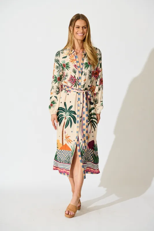 Palm Parade Midi Shirt Dress in Cream Multi Print sold by St Frock