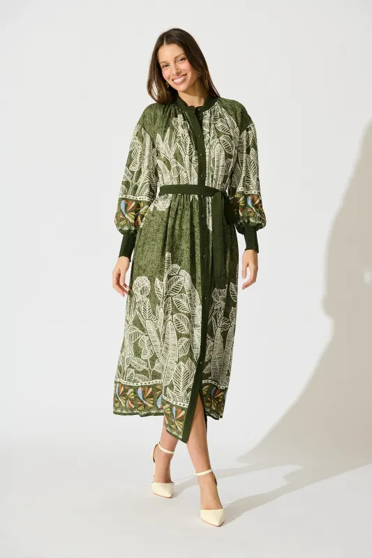 La Palma Maxi Shirt Dress in Green Leaf Border Print sold by St Frock