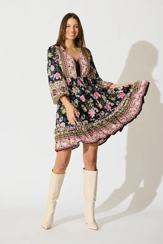 Tully Dress in Black with Pink Boho Floral sold by St Frock