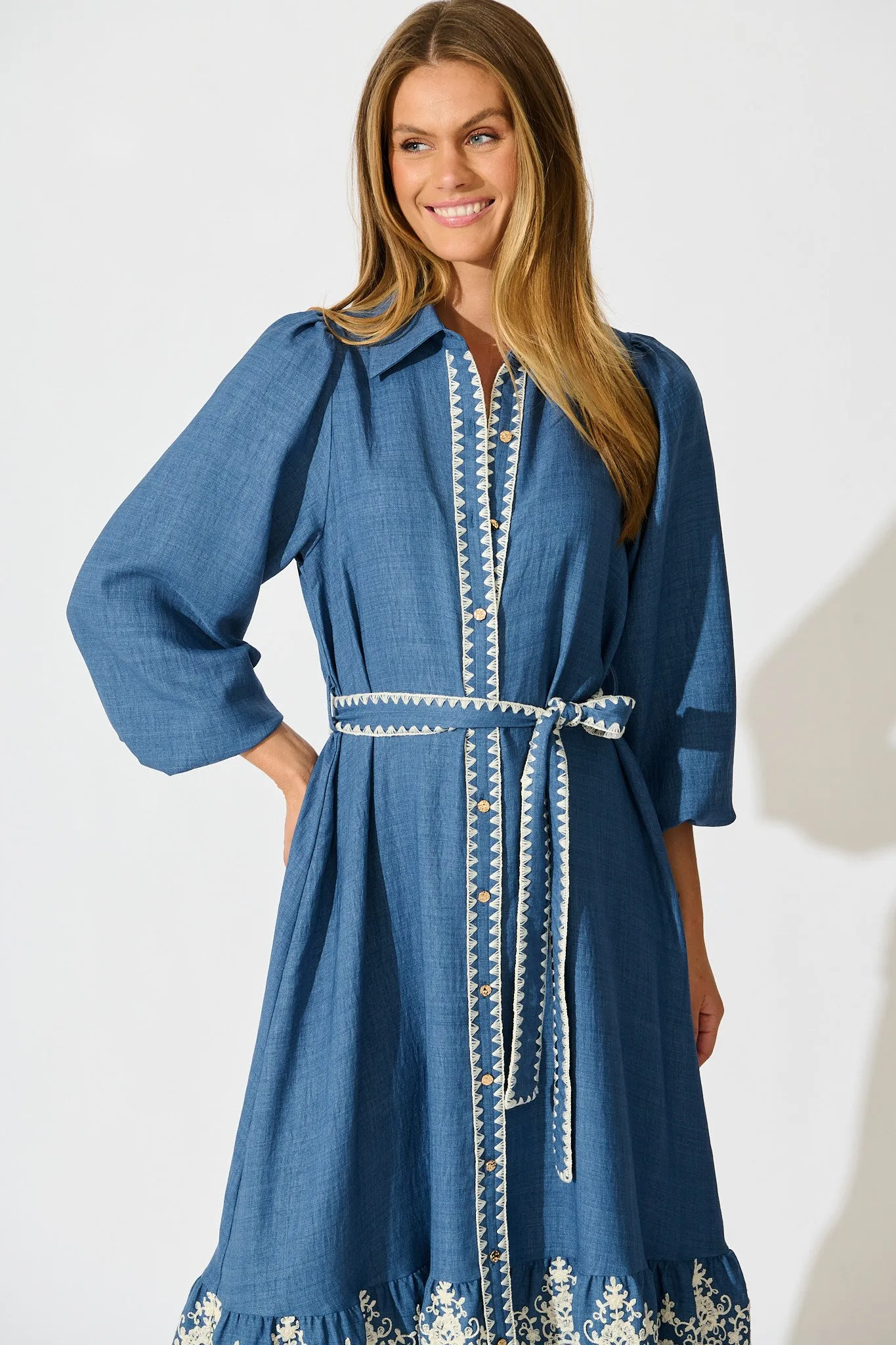 Whisper Midi Shirt Dress in Blue Chambray Embroidery sold by St Frock product image thumbnail 2