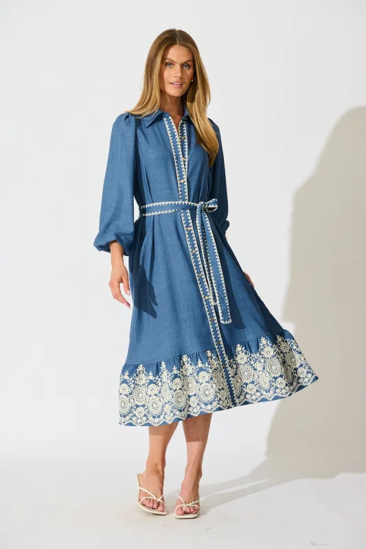 Whisper Midi Shirt Dress in Blue Chambray Embroidery sold by St Frock