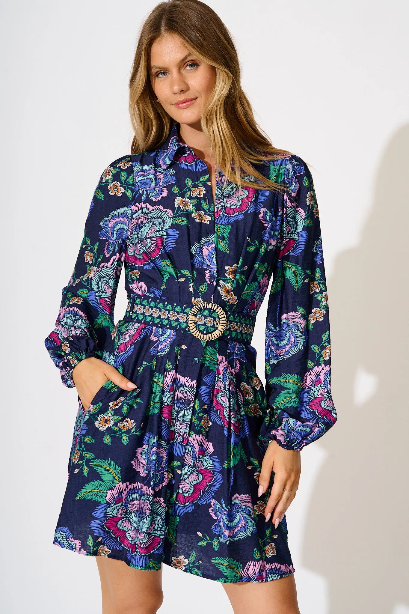 Charlene Shirt Dress in Navy with Multi Floral sold by St Frock product image thumbnail 2