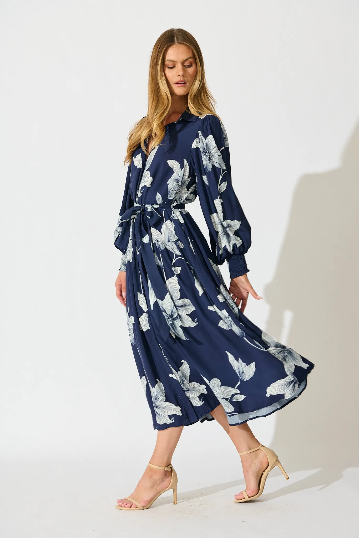 Eden Mist Midi Shirt Dress in Navy with White Floral Print sold by St Frock product image thumbnail 3