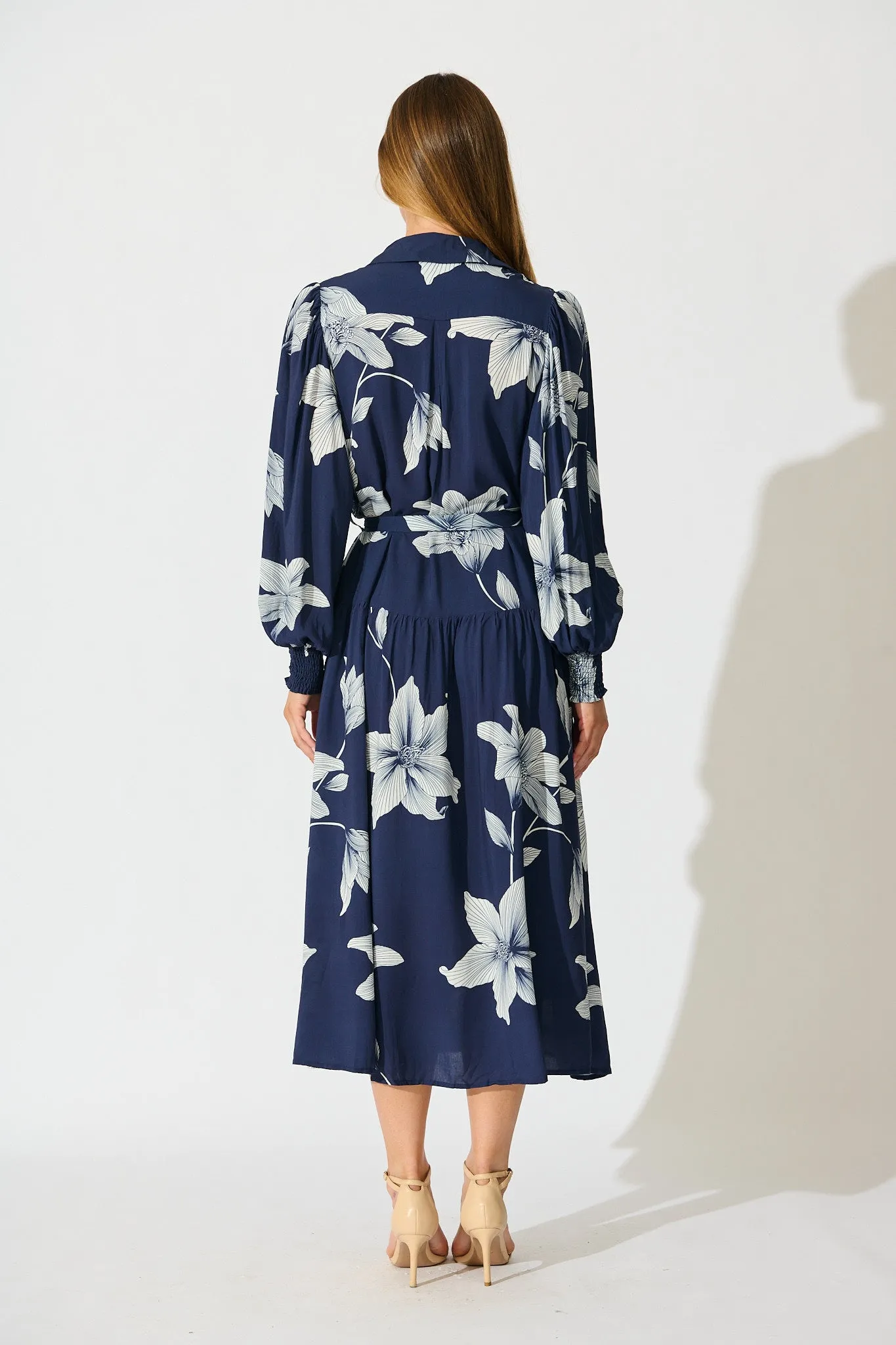 Eden Mist Midi Shirt Dress in Navy with White Floral Print sold by St Frock product image thumbnail 4