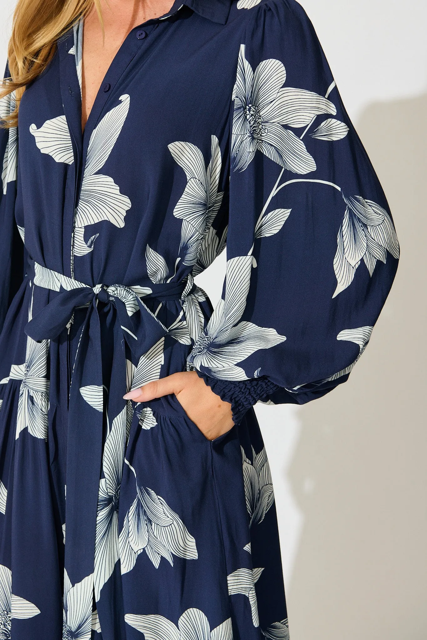 Eden Mist Midi Shirt Dress in Navy with White Floral Print sold by St Frock product image thumbnail 5