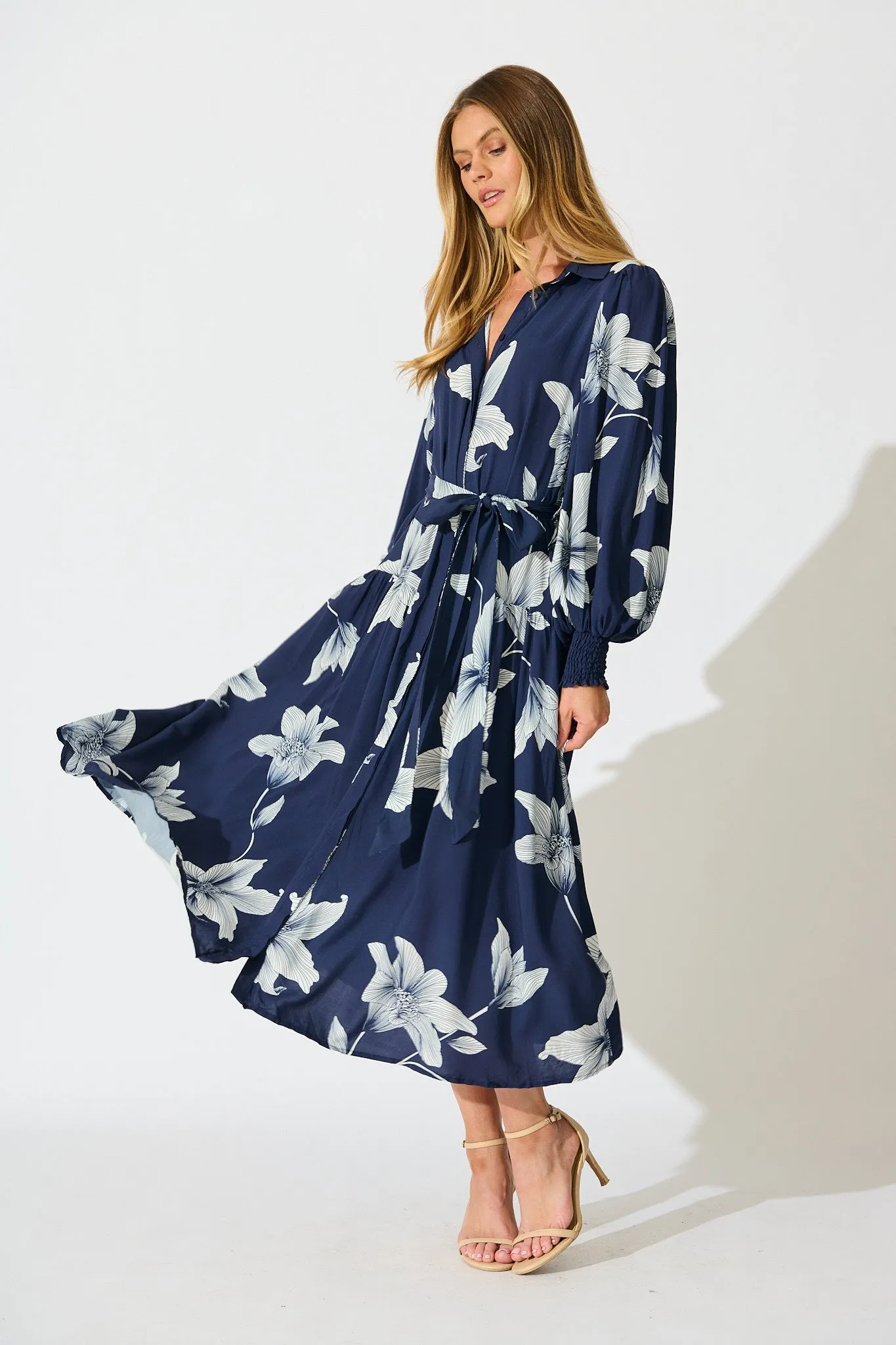 Eden Mist Midi Shirt Dress in Navy with White Floral Print sold by St Frock