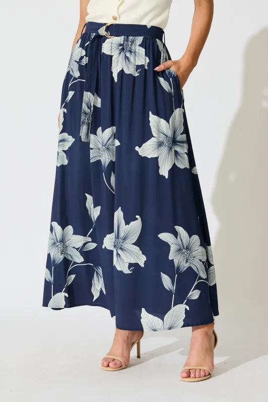 Tyra Maxi Skirt in Navy with White Floral Print sold by St Frock
