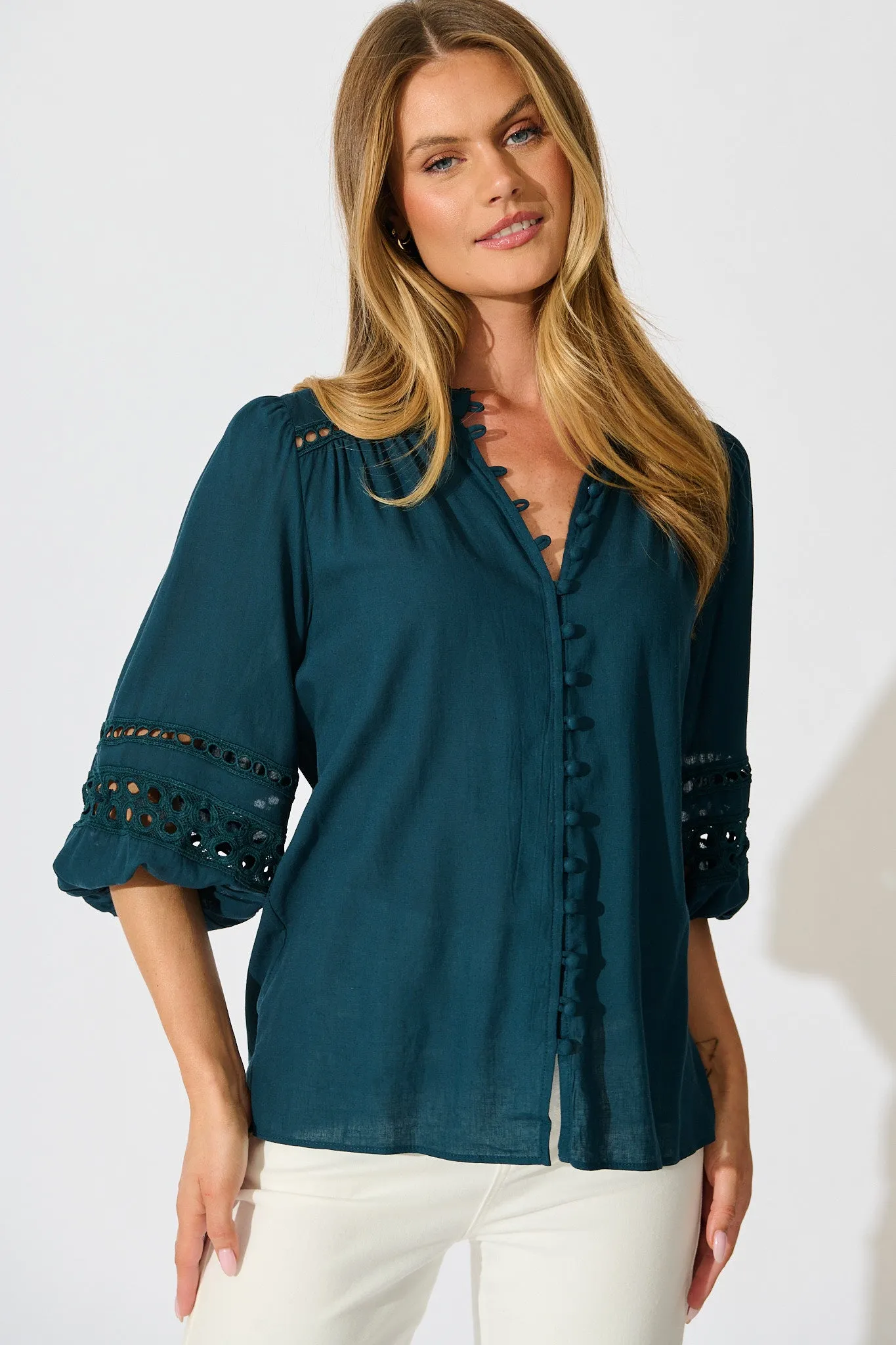 Cascades Top in Emerald Linen Blend sold by St Frock