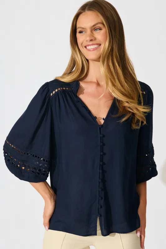 Cascades Top in Navy Linen Blend sold by St Frock