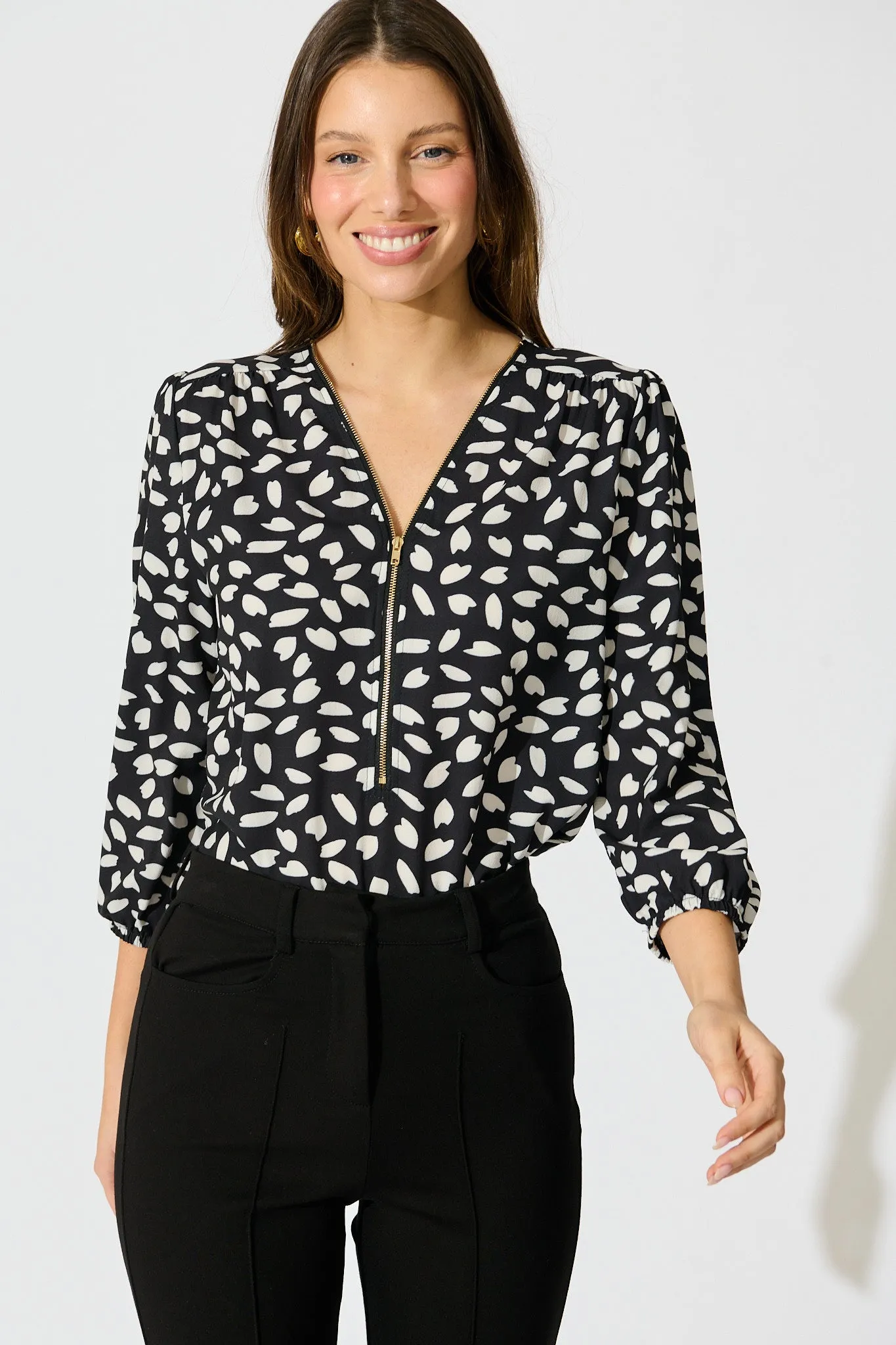 Viviani Zip Top in Black and White Leaf sold by St Frock