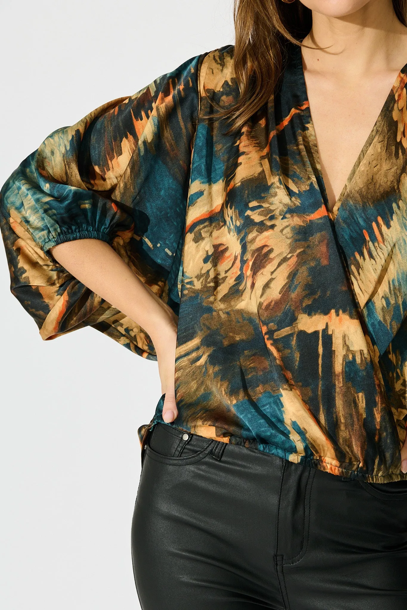 Solita Top in Teal Multi Watercolour Satin sold by St Frock product image thumbnail 5