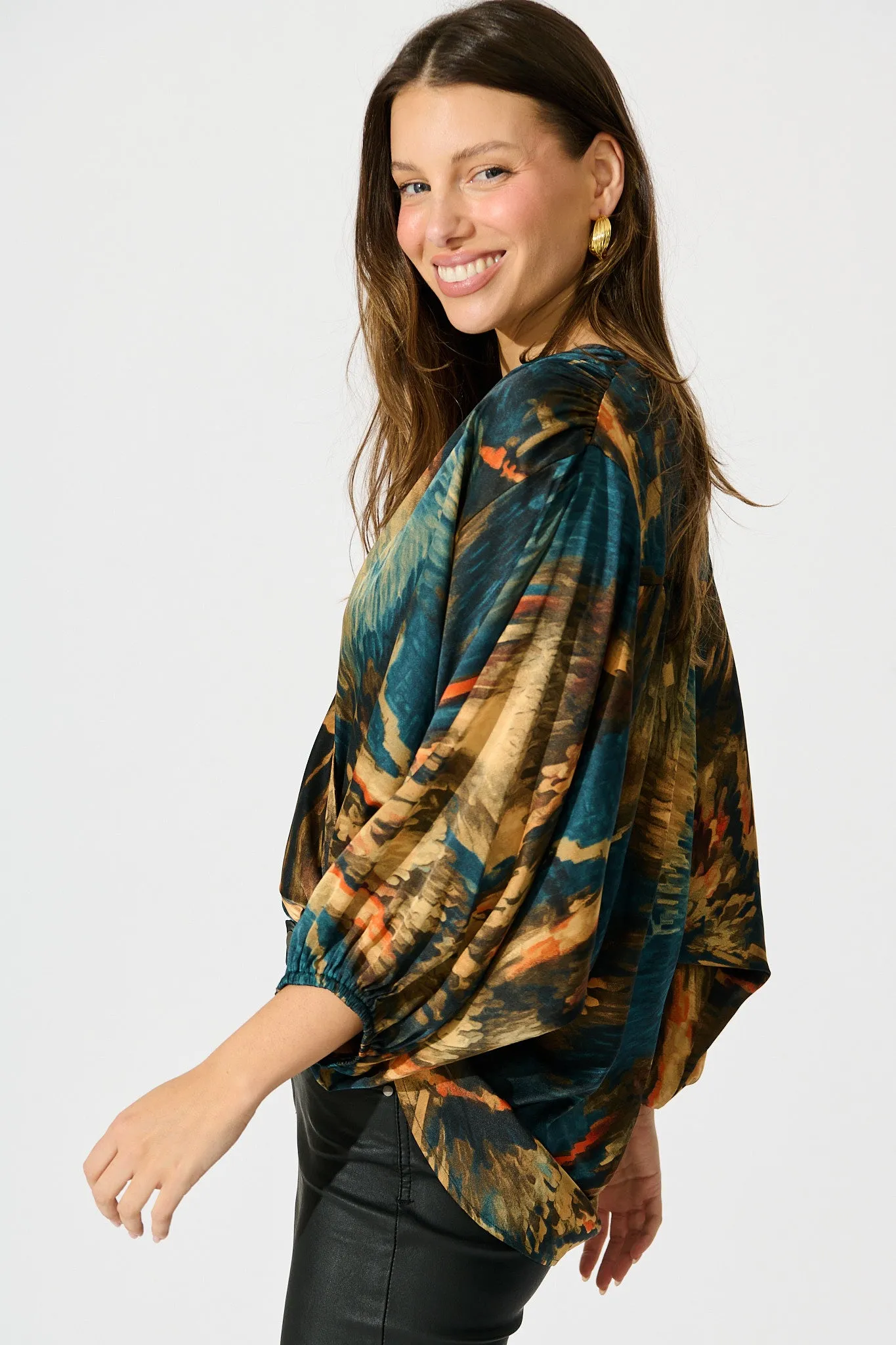 Solita Top in Teal Multi Watercolour Satin sold by St Frock product image thumbnail 2
