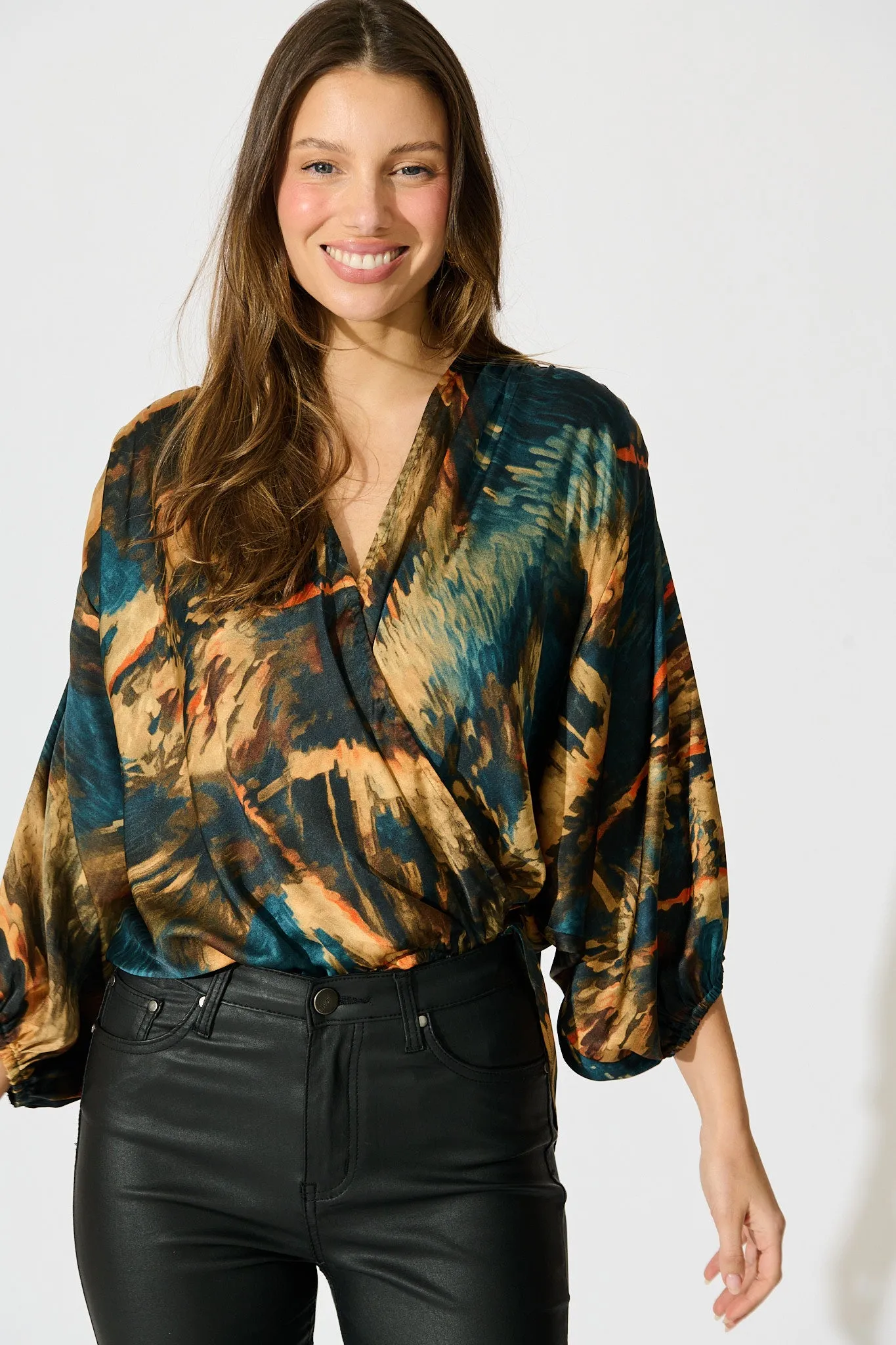 Solita Top in Teal Multi Watercolour Satin sold by St Frock