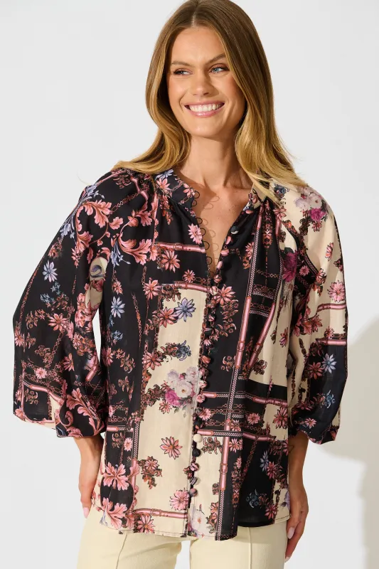 Floral Cascade Top in Black with Blush Patchwork Floral sold by St Frock