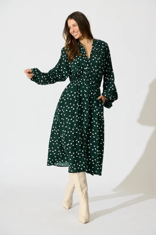 Meadowfall Midi Shirt Dress in Emerald with White Speckle sold by St Frock