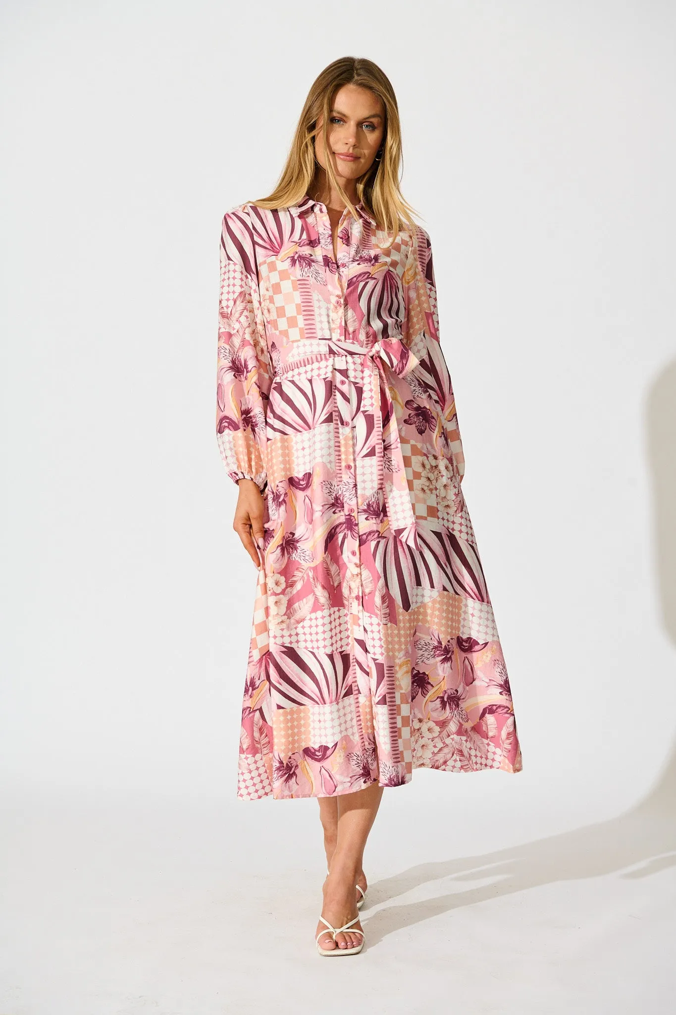 Imagination Midi Shirt Dress in Pink Patchwork Floral sold by St Frock
