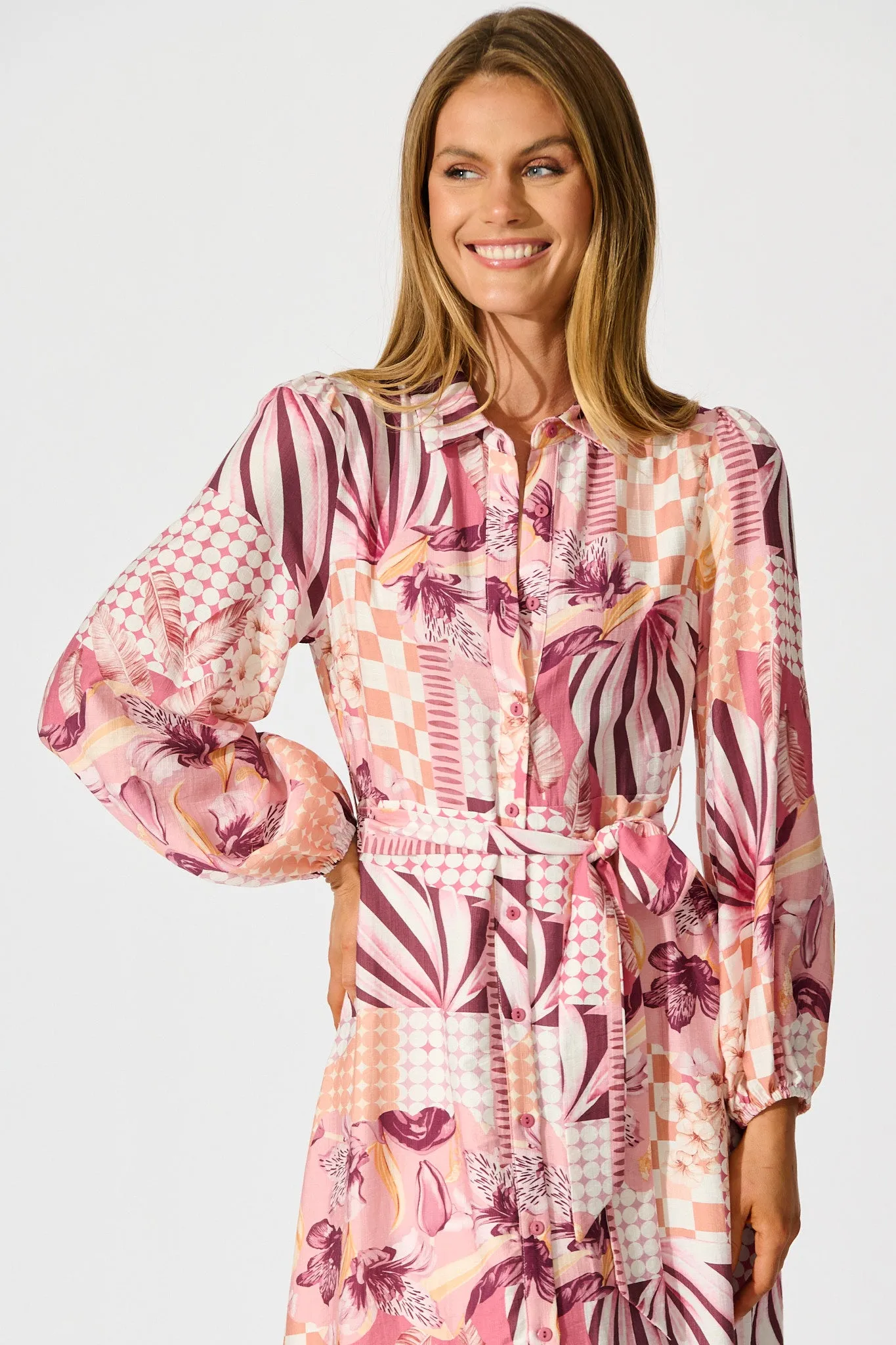 Imagination Midi Shirt Dress in Pink Patchwork Floral sold by St Frock product image thumbnail 2