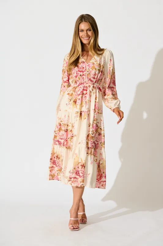 Primavera Midi Dress in Cream with Pink Floral sold by St Frock