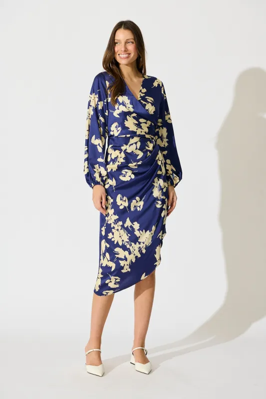 Kalisha Midi Dress in Blue with White Floral Satin sold by St Frock