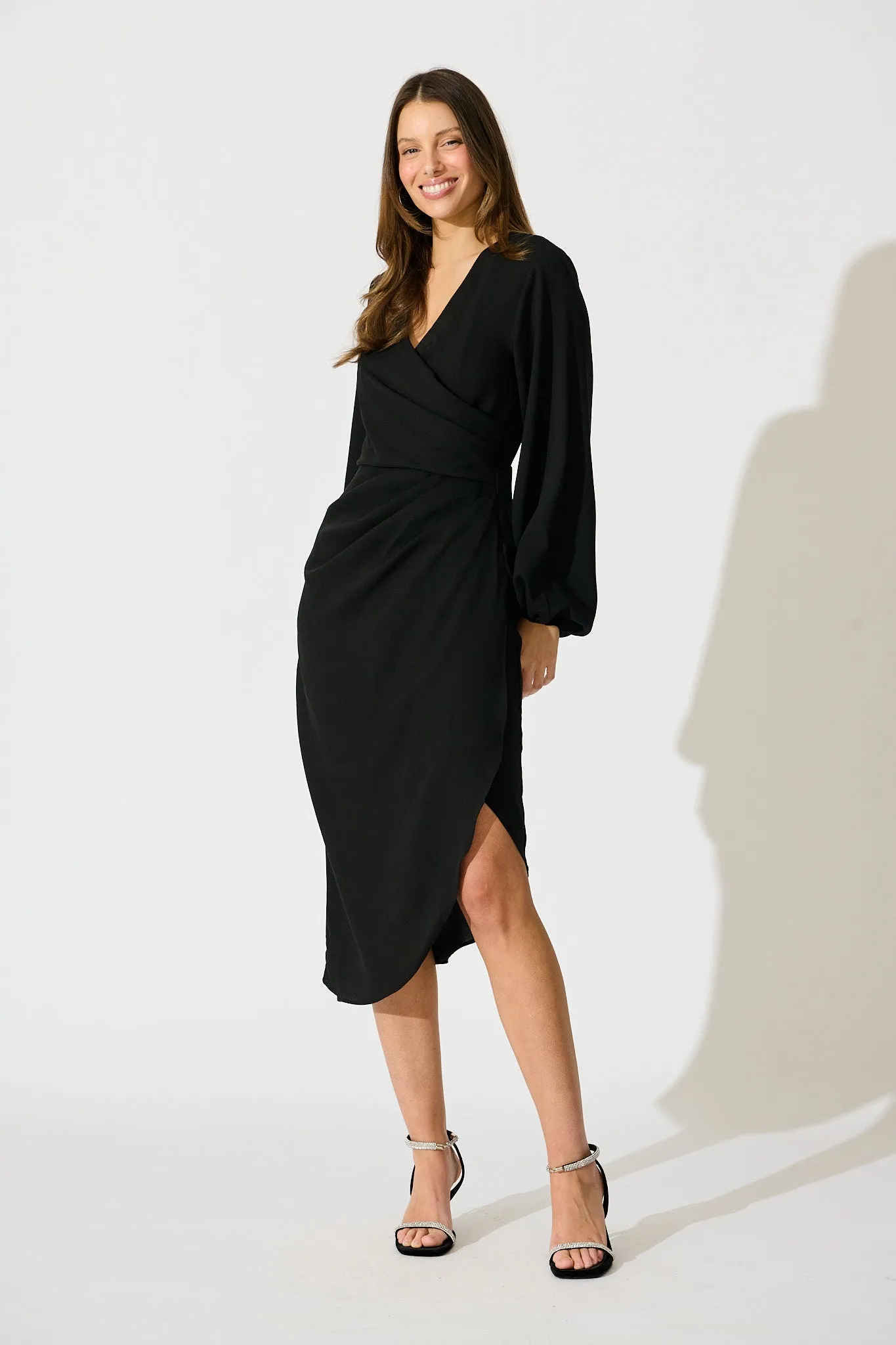 Kalisha Midi Dress in Black Satin sold by St Frock