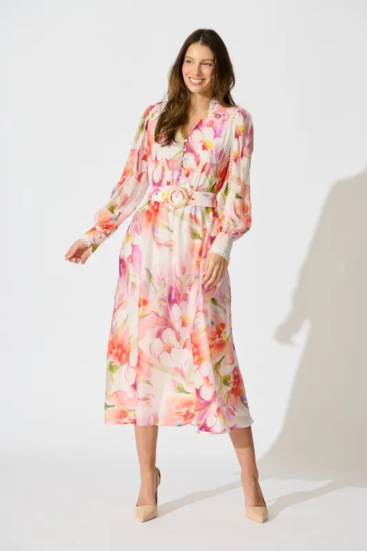 Petal Script Maxi Dress in White with Multi Floral sold by St Frock