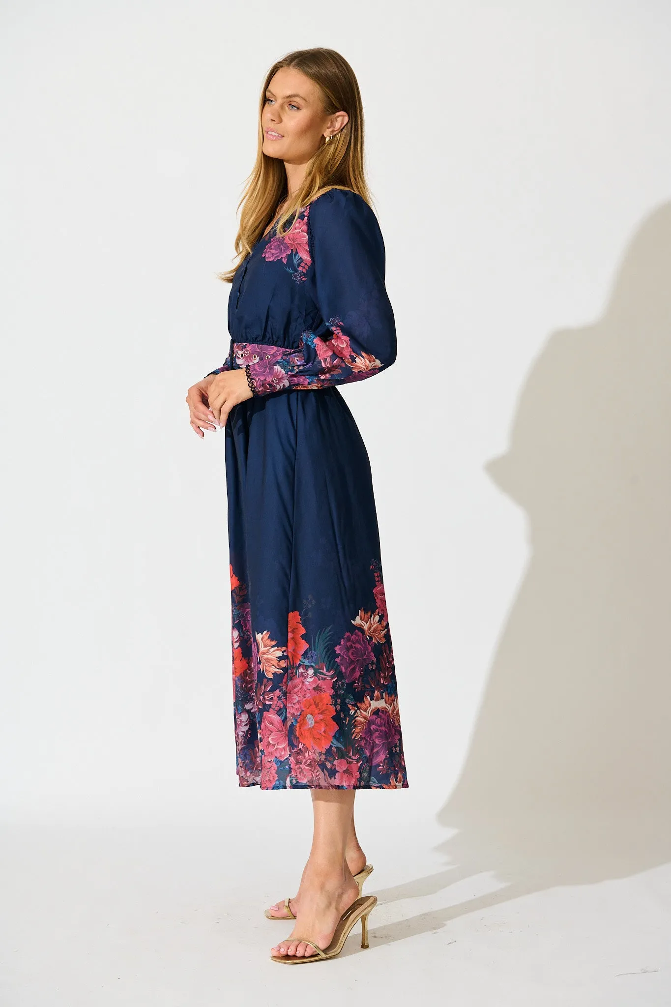 Orchid Trace Midi Dress in Navy Floral Cotton Blend sold by St Frock product image thumbnail 3