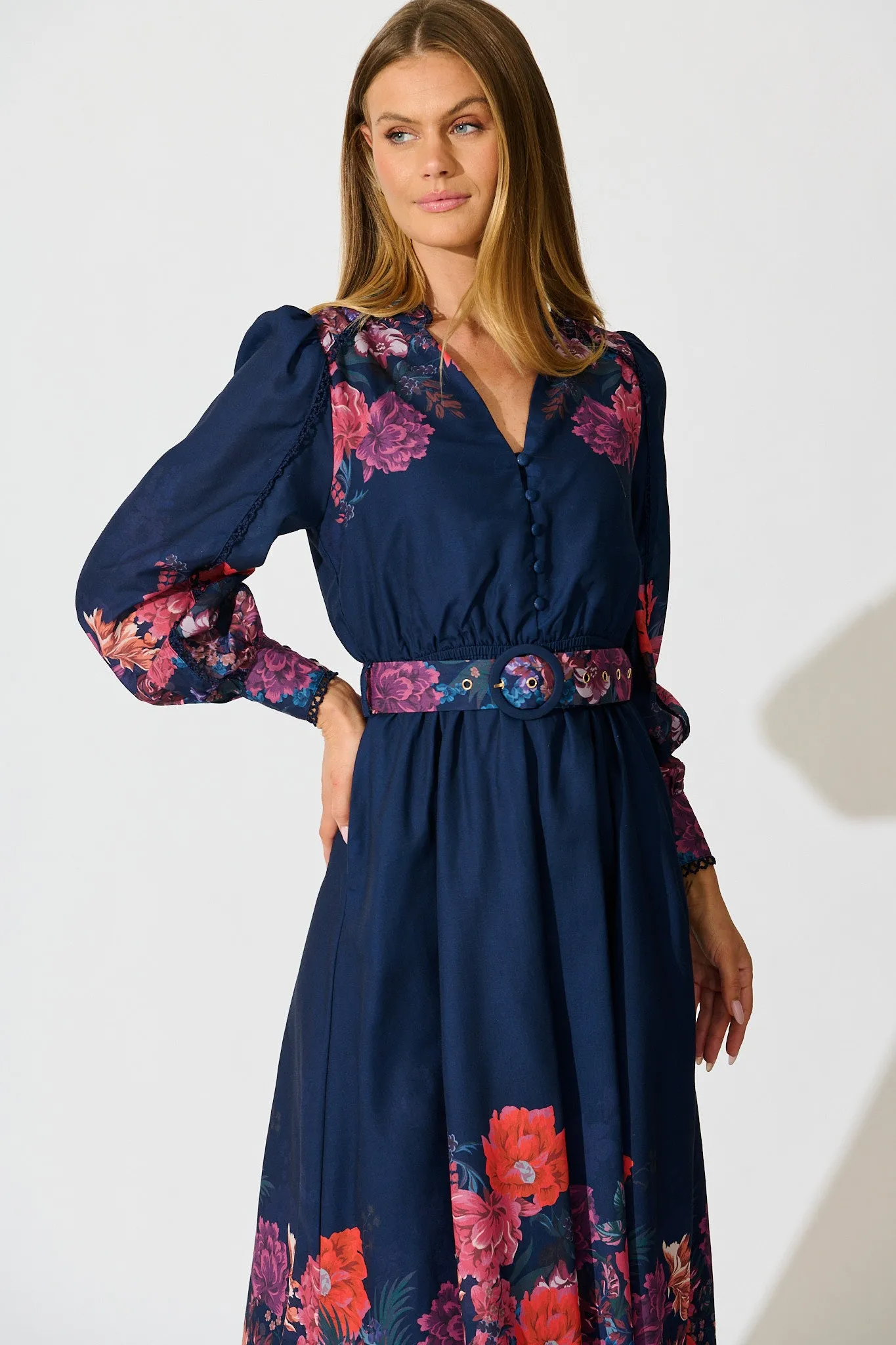 Orchid Trace Midi Dress in Navy Floral Cotton Blend sold by St Frock product image thumbnail 2