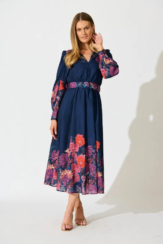 Orchid Trace Midi Dress in Navy Floral Cotton Blend sold by St Frock