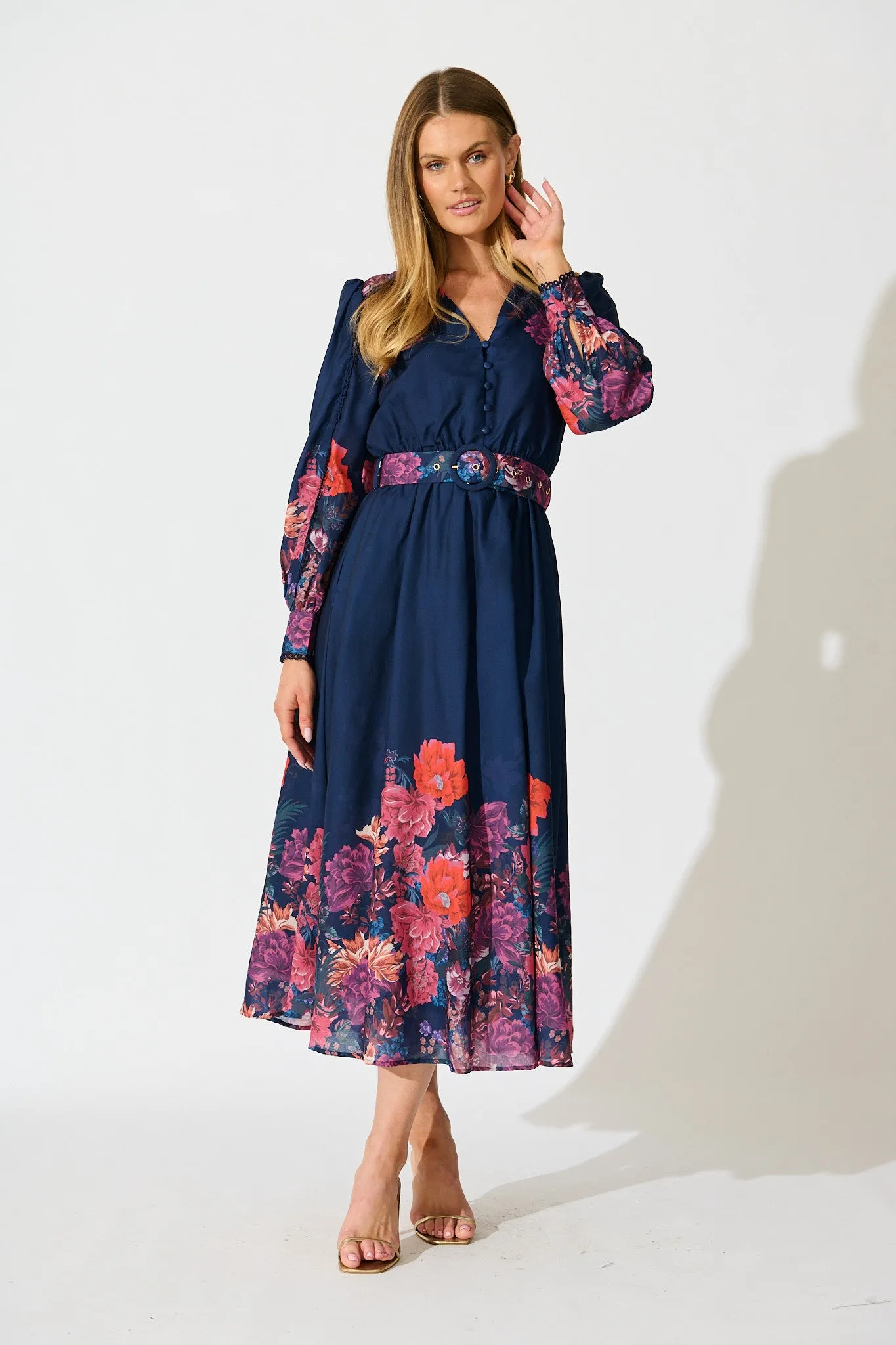Orchid Trace Midi Dress in Navy Floral Cotton Blend sold by St Frock