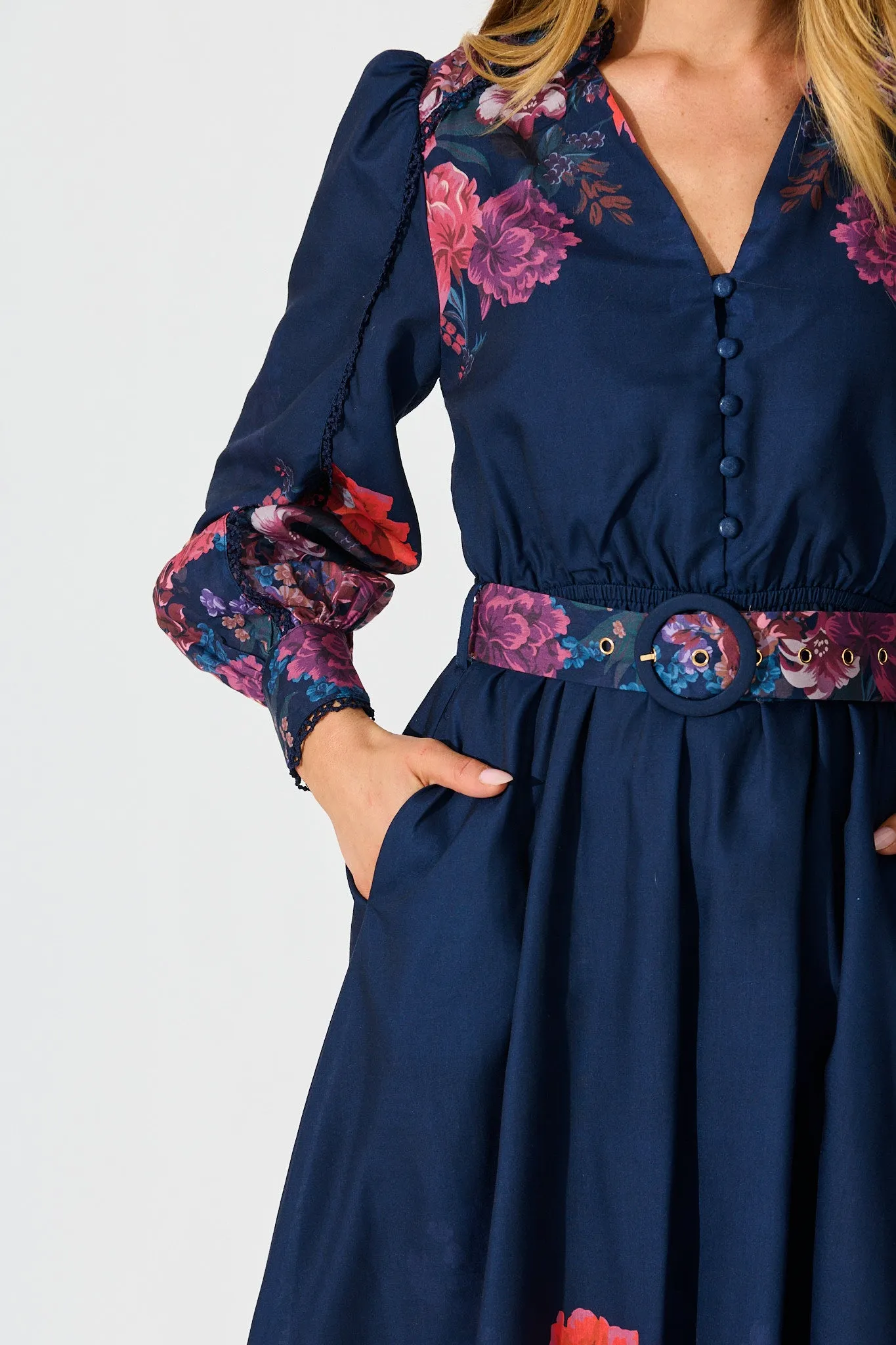 Orchid Trace Midi Dress in Navy Floral Cotton Blend sold by St Frock product image thumbnail 5