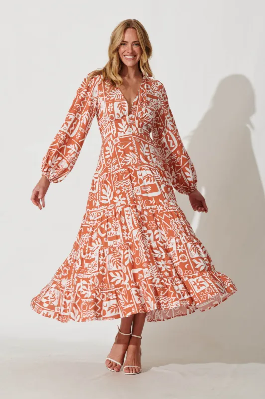 Rina Maxi Dress In Rust With White Print sold by St Frock