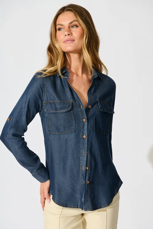 Harlow Shirt in Dark Blue Chambray sold by St Frock