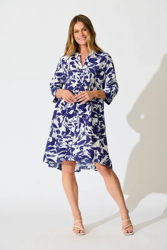 Mina Smock Dress in White and Navy Print sold by St Frock