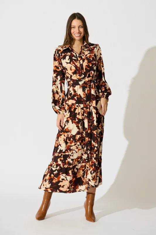 Loop Me Maxi Shirt Dress in Multi Brown Print Satin sold by St Frock